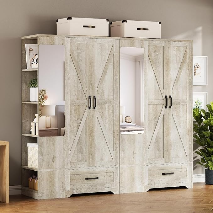 LIKIMIO Armoire Wardrobe Closet 70 Inches, Large Storage with Mirror, 2 Doors, Drawer, and Shelves, Modern Bedroom Freestanding Wooden Wardrobe Combination with Hanging Rail, Rustic Maple