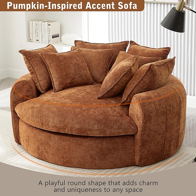Merax 59.8" Full-Compressed Round Chaise Sofa, Boneless Loaf Style Chenille Upholstered Sofa Bed with 8 Throw Pillows for Living Room, Orange