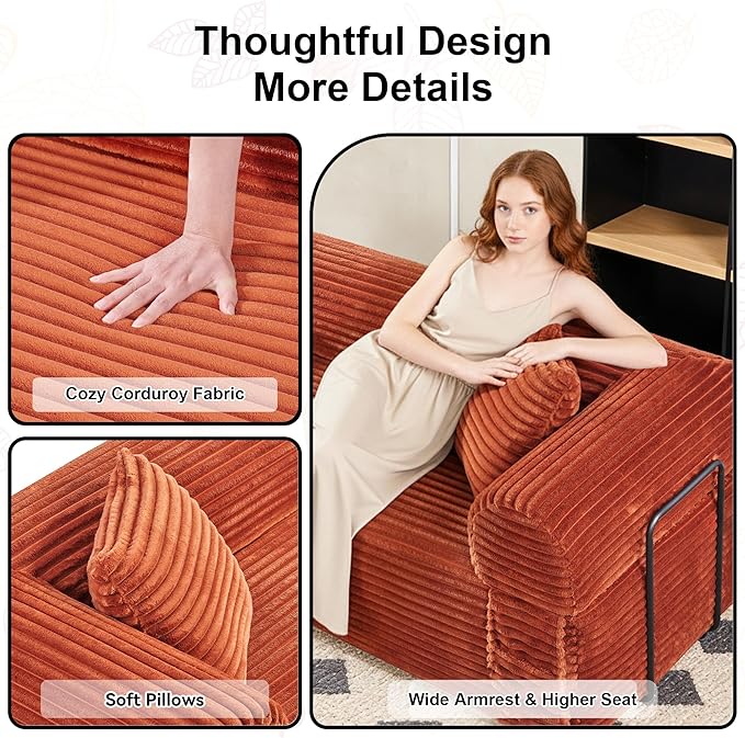 83'' Boneless Couch in A Box, No Assembly Needed Sofa Bed Couch 3 Seater Corduroy Modern Cloud Sofa 29'' Deep Seat with 2 Pillows & Removable Backrest for Living Room, Bedroom, Apartment, Orange | No Assembly Needed, High Density Foam, Removable Backre...
