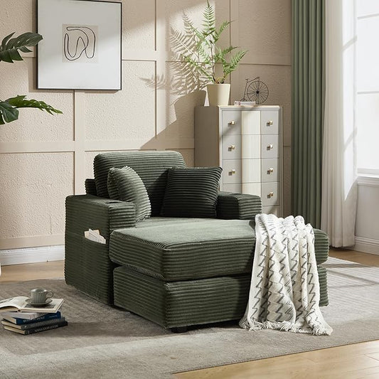 KEIKI Oversized Accent Chair with Ottoman, Chaise Lounge Chair Indoor with Cupholders, Oversized Sofa Bed, Deep Seat Sleeper Couch Reading Chairs for Living Room, Dark Green