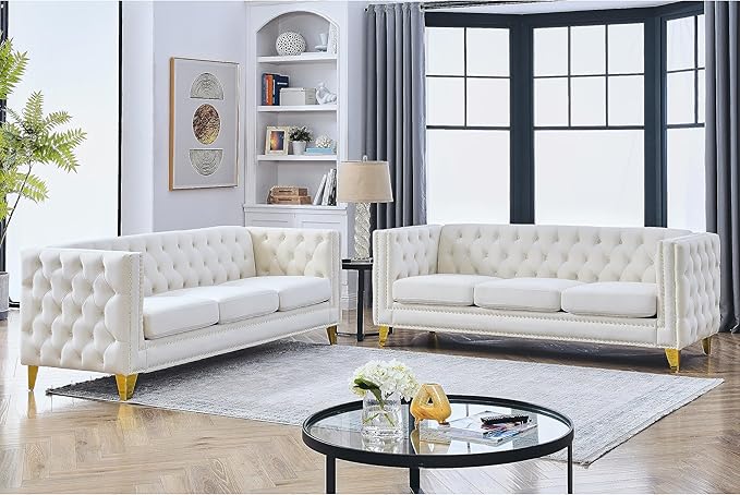 KEIKI Tufted Velvet 3+3 Seat Sofa Couch for Living Room, Buttons Tufted Square Arm Couch for Home Apartment, Beige