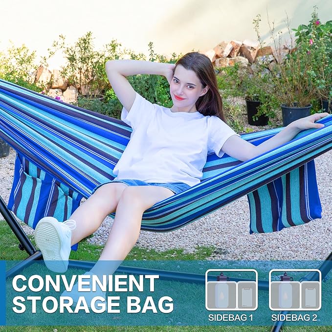 PNAEUT Double Hammocks with Stand for Outside, Portable Space Saving Heavy-Duty Steel Stand for Indoor Outdoor Patio with Carrying Bag, 450 lbs Capacity (Blue Lagoon) - Image 4