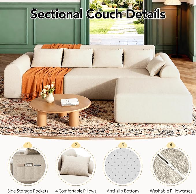 Rengue 105.5" Cloud Boneless Sectional Sofa for Living Room, 4-Seater L-Shaped Comfy Couch with Ottoman, 4 Pillows, Deep Seat Chenille Sofa, No Assembly Required (Beige) 72h to Restore