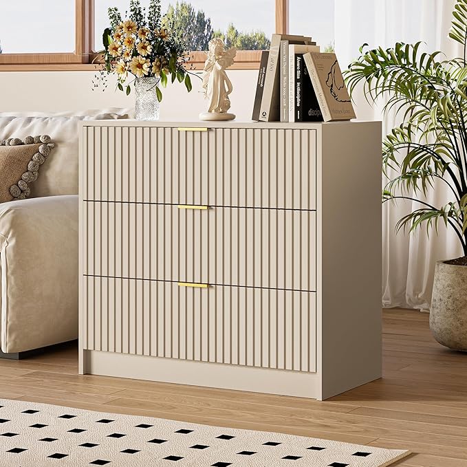 MAISONARIA 3-Piece Dresser Bedroom Set, 9 Drawer Dresser & 3 Drawer Nightstands with Gold Handles, Fluted Wood Chest of Drawers for Bedroom, Living Room, Entryway, Beige