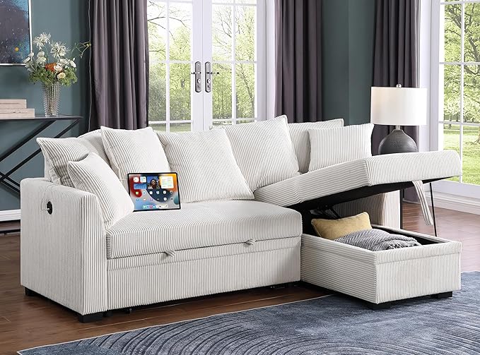 Modern Living Room Corner Convertible Sofabed Corduroy Upholstered Reversible Sleeper Sectional Sofa with 7 Pillow and USB Ports, L-Shaped Pull Out Sleep Couch Bed W/Reversible Storage Chaise Daybed