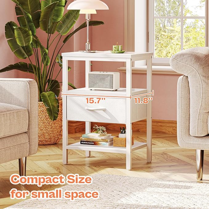 SUPERJARE Nightstand with Charging Station, Bed Side Table with Adjustable Fabric Drawer, Night Stand for Bedroom, 3-Tier Storage End Table, for Living Room, White - Image 5