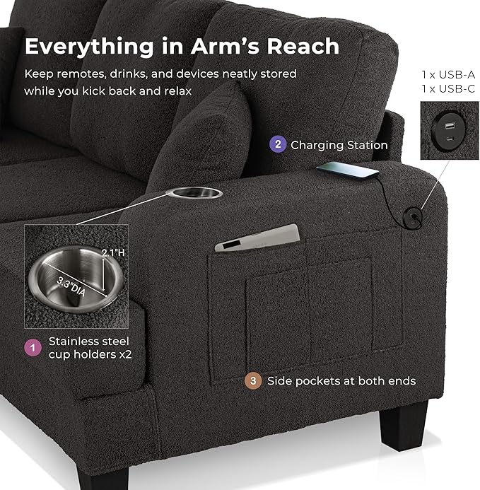 Homes: Inside + Out Reese Modern Plush Boucle Couch with Side Pockets, Cup Holders and USB Ports, Wooden Comfortable Sofa for Living Room, Bedroom and Office, Dark Grey