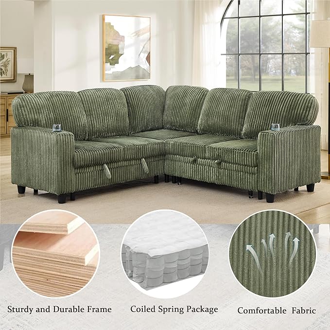 ERYE L-Shaped Symmetrical Sleeper Sectional Sofa W/Pull Out Sleeper Couch Bed and Storage Seat for Living Room, Corduroy Tufted Corner Convertible Sofa Bed with USB-C Ports