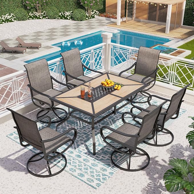 PHI VILLA 7 Piece Patio Dining Set, 6 Swivel Patio Chairs with Textilene Mesh Fabric & Rectangular Wooden-Like Dining Table(1.6"Umbrella Hole), All Weather Patio Chairs and Table Set for Deck (Brown) by PHIVILLA