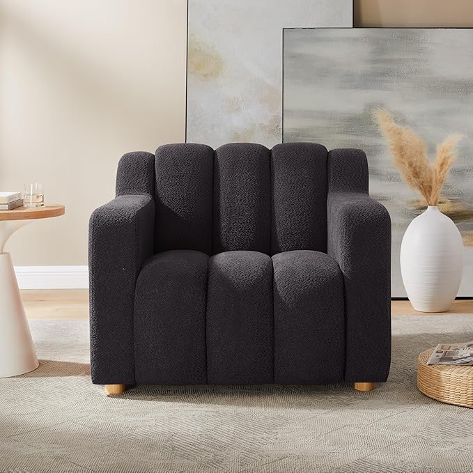 Modern Oversized Living Room Chairs, 40" Wide Boucle Accent Chairs with Deep Seat and Wooden Legs, Comfy Reading Arm Chair for Bedroom, Apartment, Dark Grey