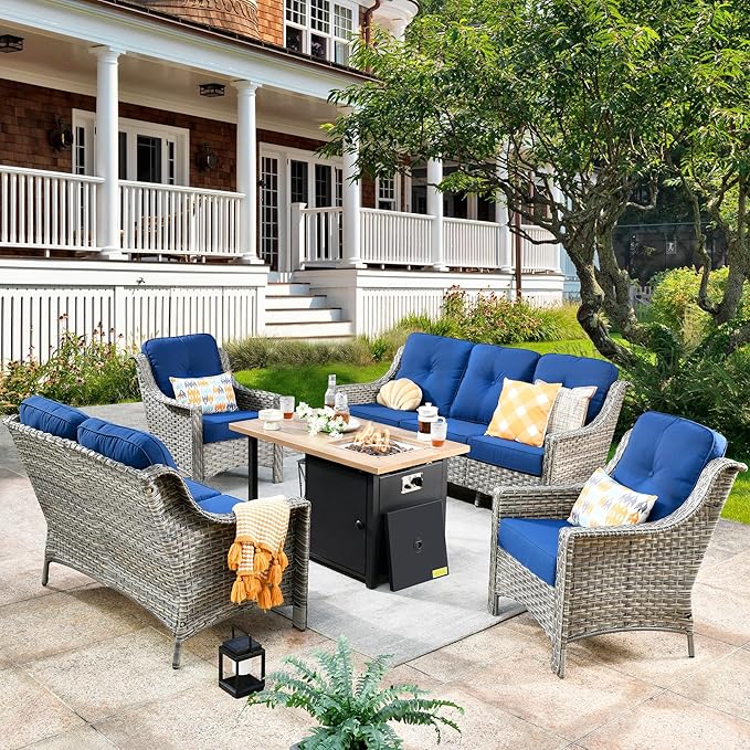 HOOOWOOO 5 Piece Patio Set with Fire Pit Table, All Weather Resistant High Back Rattan Outdoor Wicker Furniture (Navy Blue)