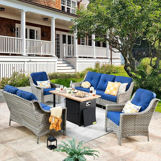 HOOOWOOO 5 Piece Patio Set with Fire Pit Table, All Weather Resistant High Back Rattan Outdoor Wicker Furniture (Navy Blue)