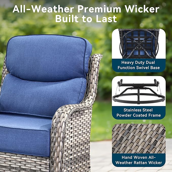 Luxury High Back Outdoor Furniture with 6-Inch Thick Cushions, Patio Furniture Set with Swivel Chairs, 7 PCS Wicker Conversation Set for Porch, Balcony, Deck and Yard