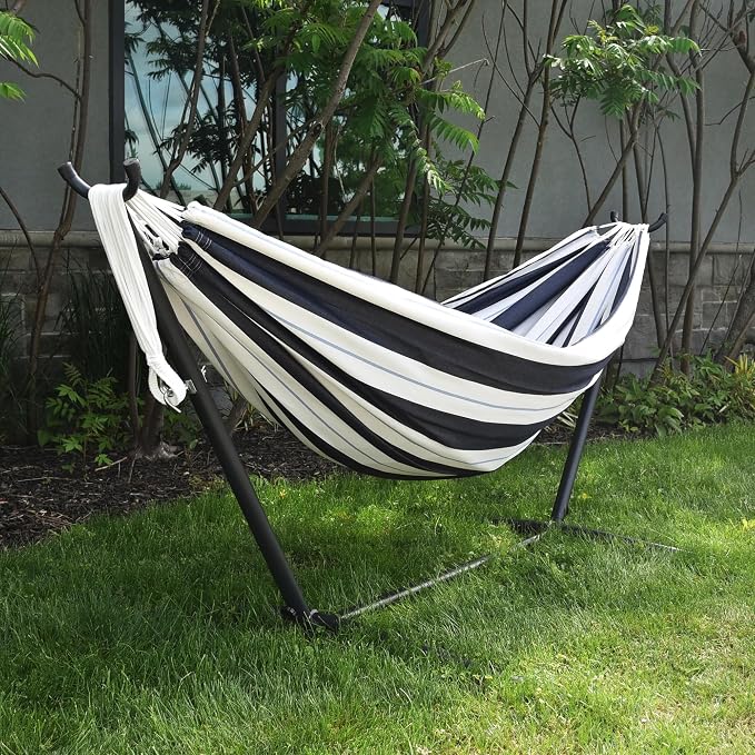 Vivere Double Sunbrella Hammock with Space-Saving Steel Stand, Heavy-Duty Portable Outdoor Hammock Set for Backyard, Patio, or Travel, Harbor - Image 5
