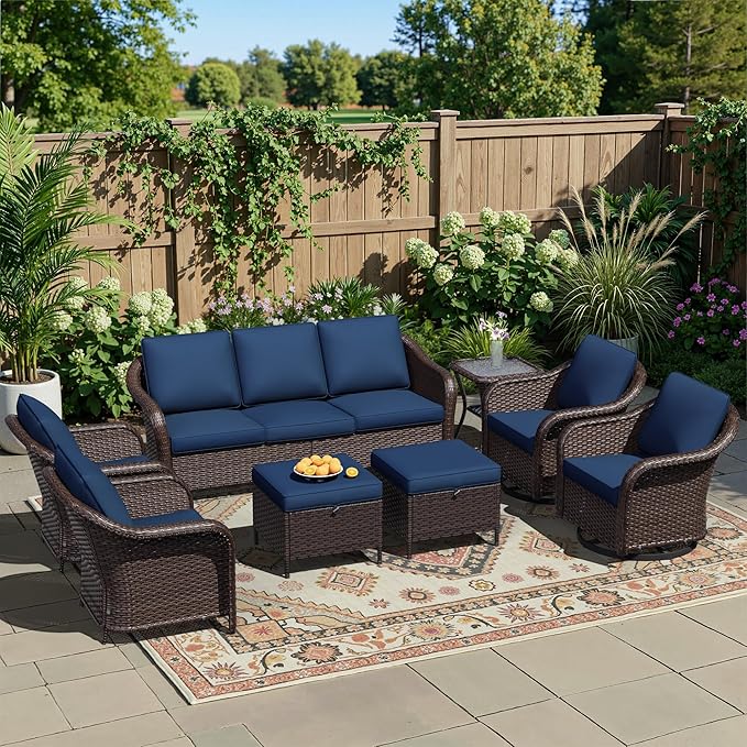 8 Piece Patio Wicker Conversation Set, All-Weather Use Outdoor Wicker Sofa with 2 PE Rattan Ottomans,2 Chair, 2 Swivel Chair, 1 Side Table, Ideal for Porch, Backyard, Balcony, Poolside, Blue