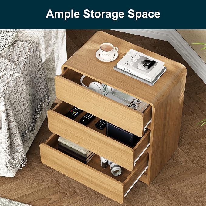 RoyalCraft Oak 3 Drawer Nightstand Set of 2, Wood End Table with Curved Design, Modern Night Stand with Storage, Small Dresser for Bedroom, Home Office, Entryway - Image 3