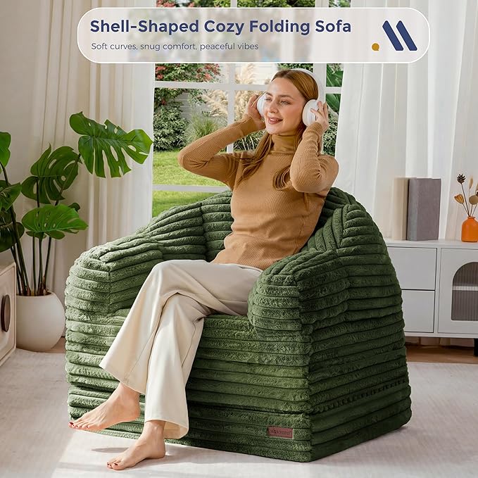 MAXYOYO Folding Sofa Bed, 2 in 1 Convertible Sofa to Lounger Comfy Faux Fur Bean Bag Chair for Adults, Floor Single Sleeper Couch Chair with Handle, Couch Bed for Living Room Bedroom, Dark Green