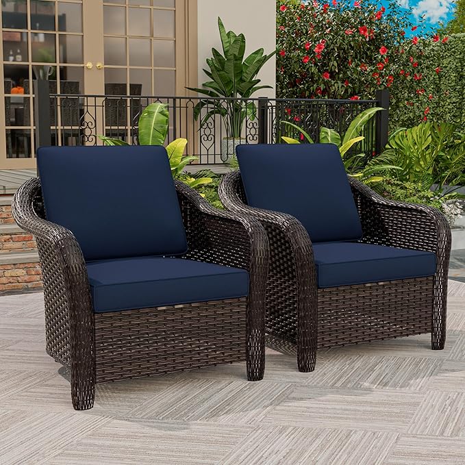 Outdoor Wicker Chair Set of 2, All-Weather Use Patio Rattan Chair with Seat and Back Cushion, Ideal for Porch, Backyard, Balcony, Poolside, Blue