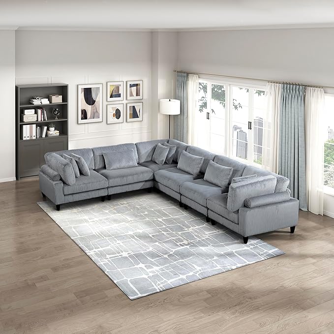 Lexicon 120 Inch Modular Sectional Sofa - Oversized 6 Seater Corduroy L Shaped Sectional Couch, 9 Accent Pillows, and Flexible Arrangement for Modern Living Rooms, Gray