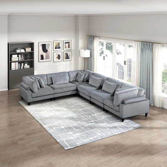 Lexicon 120 Inch Modular Sectional Sofa - Oversized 6 Seater Corduroy L Shaped Sectional Couch, 9 Accent Pillows, and Flexible Arrangement for Modern Living Rooms, Gray