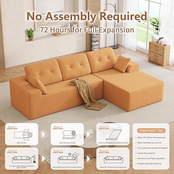 Ball & Cast 106" Cloud Modular Sectional Sofa, Boneless Chenille Couch with Deep Seat, Comfy L-Shaped Sectional, Modern Upholstered Sofa for Living Room, No Assembly (Orange, Right Facing Chaise)