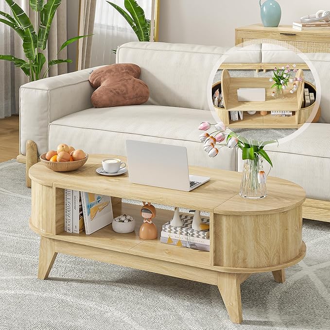 46.45'' Oval Coffee Tables for Living Room, Mid Century Modern Coffee Table with Storage, Wood Fluted Accent Center Table with Flip-Top Lids for Home,Office (Wood Color)
