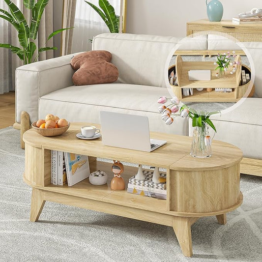 46.45'' Oval Coffee Tables for Living Room, Mid Century Modern Coffee Table with Storage, Wood Fluted Accent Center Table with Flip-Top Lids for Home,Office (Wood Color)