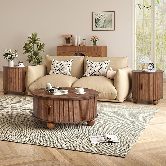 Round Lift Top Coffee Table with Hidden Storage, 33.5'' Mid-Century Modern Fluted Coffee Table with Sliding Tambour Door & Solid Wood Legs, Circle Center Table for Living Room, Small Space (Walnut)
