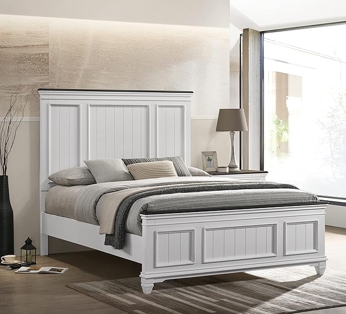 Clelane Wood Bedroom Set with Shiplap Panel Queen Bed, Dresser, Mirror, and Two Nightstands in Weathered White and Dark Gray