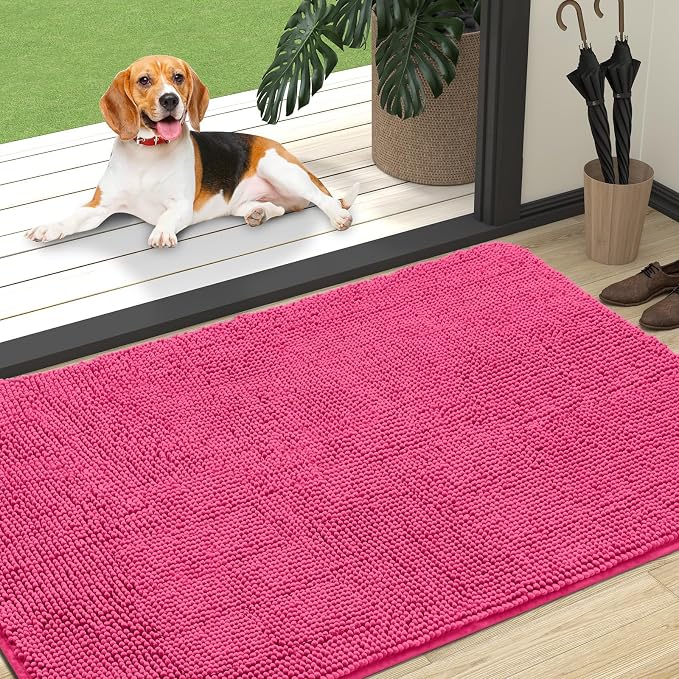 OLANLY Dog Door Mat for Muddy Paws 47x32, Absorbs Moisture and Dirt, Absorbent Non-Slip Washable Doormat, Quick Dry Chenille Mud Mat for Dogs, Entry Indoor Entryway Carpet for Inside Floor, Hot Pink by OLANLY