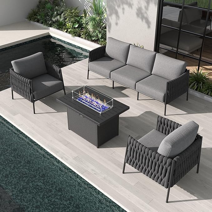 LayinSun 4 Piece Outdoor Furniture Set with Fire Pit Table, Modern Rope Woven Patio Conversation Sofa Set with Olefin Braid and Deep Seating