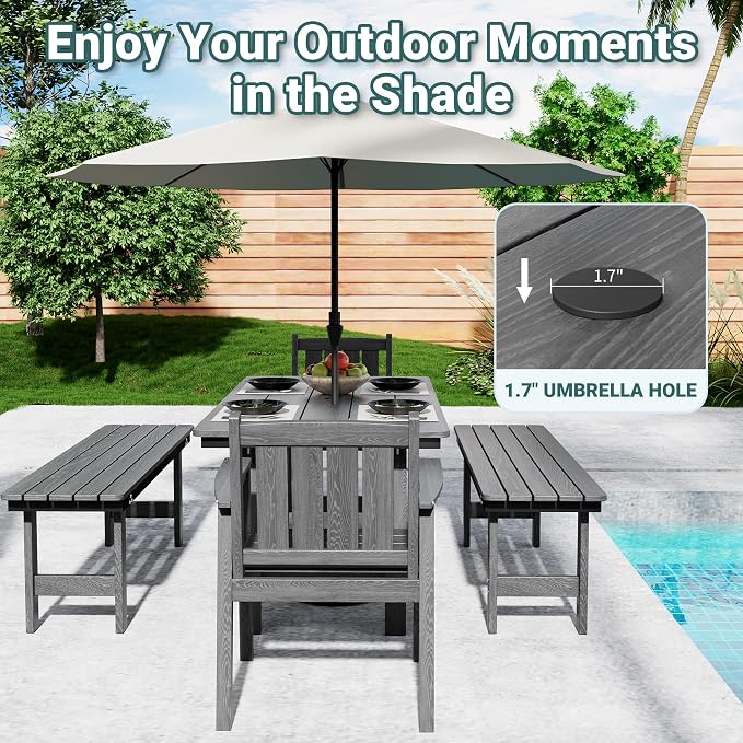 Pamapic 5 PCS Outdoor Dining Set, Spacious HDPE Outdoor Table and Chairs with 2 Bench, Wood Grain Patio Furniture Sets with Elegant Armrest, All-Weather Outdoor Furniture with Umbrella Hole, Gray - Image 2
