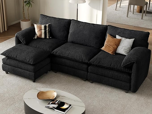 DWVO 108" Modular Sectional Sofa, Modern L Shaped Couch with Movable Ottoman, Pillow-Armrest, Velvet 4 Deep Seat Cloud Couch for Living Room, Black