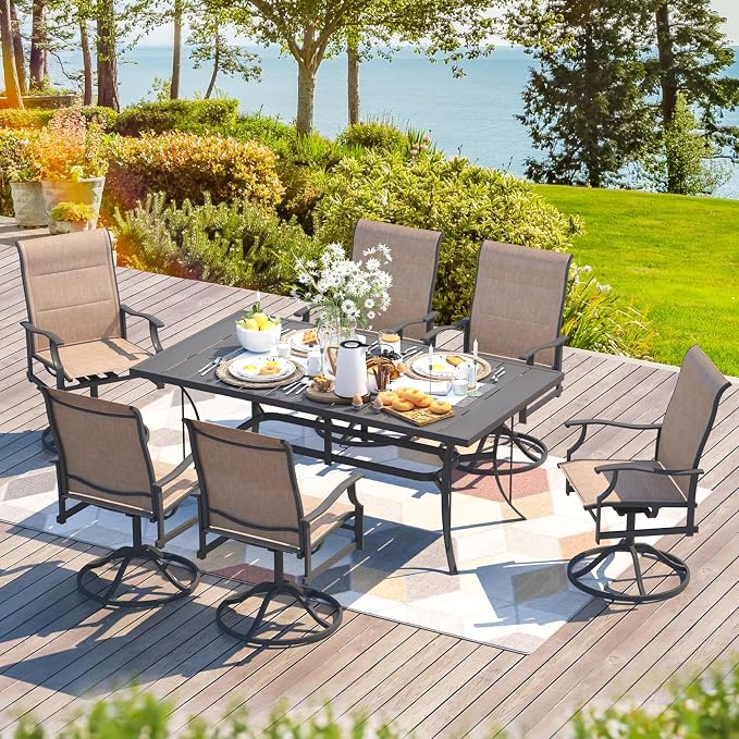 BUPPLEE Outdoor Patio Dining Set with 6 Swivel Chairs, Metal Table with Umbrella Hole, 7-Piece Patio Table and Chairs for Backyard, Poolside, Balcony and Garden (Brown) - Image 9