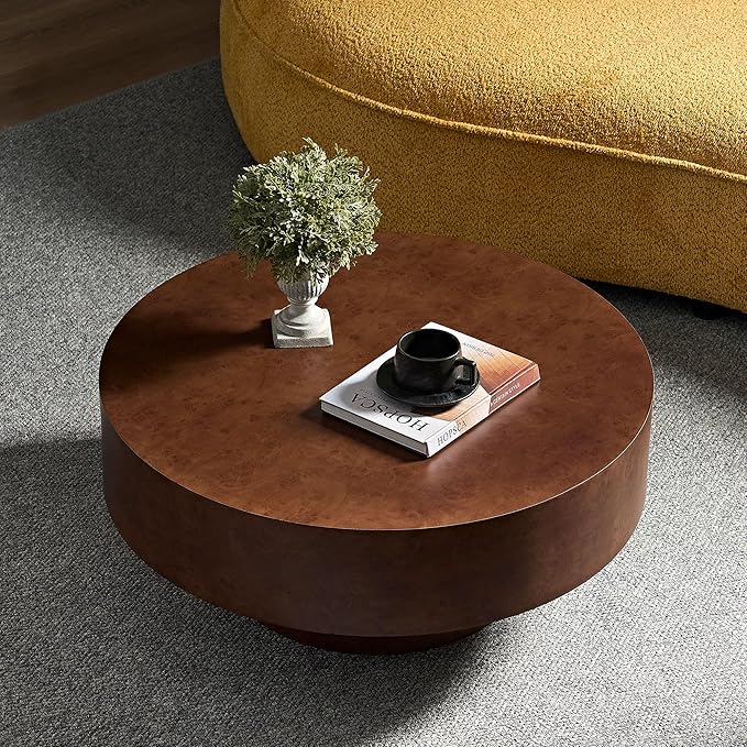 Round Coffee Table for Living Room,31.49" Faux Burl Wood Pattern Center Table with Sturdy Pedestal, Rustic Round Wood Coffee Table for Small Space Apartment Office,Easy Assembly (Walnut)