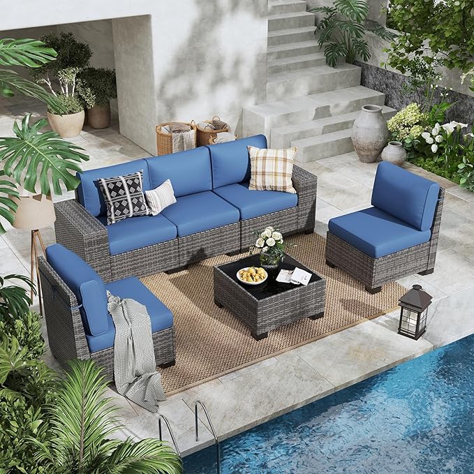 6 Pieces Outdoor Patio Furniture Set with Table Gray Rattan Sectional Sofa Conversation Sets for Balcony Lawn and Garden (Navy Blue, 6 pcs w/Table)