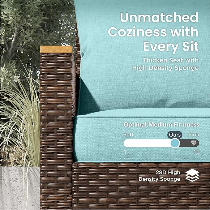 PHI VILLA 8-Piece Curved Patio Furniture Set with Fire Pit Table, Outdoor Wicker Half-Moon Sectional Sofa with Cushions, 56” Gas Fire Pit Table and Ottomans, Aqua Blue