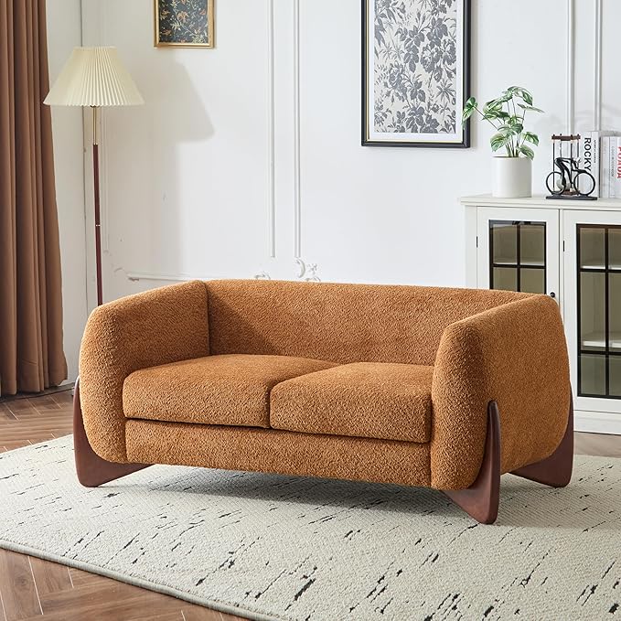 Merax 63 Inch Modern Boucle Upholstered 2-Seater Sofa, Chenille Fabric Loveseat with Solid Wood Legs, Low Profile Small Couch for Living Room, Caramel