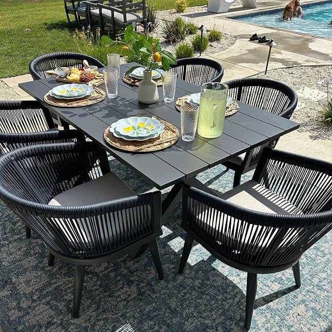 PURPLE LEAF Outdoor Dining Set for 12 All-Weather 14 Pieces Patio Aluminium Dining Large Table and Rope Weave Chairs Included Cushions for Backyard Deck Kitchen Modern Furniture Set Gray and Navy - Image 2