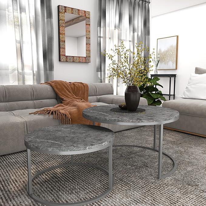 Nesting Coffee Table Set of 2, 31.5" Round Coffee Table Wooden Marble Pattern Accent Furniture, Industrial End Table for Living Room Bedroom Balcony (Gray/Gray)