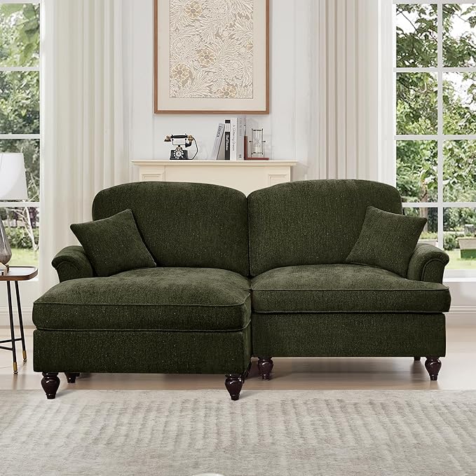 KEIKI Mid Century Modular Sofa with Flared Arms and Skirted Design, 76" Loveseat with Ottoman Chenille L-Shaped Sectional Couches for Living Room, Small Spaces Soft Chaise Lounge Indoor, Green
