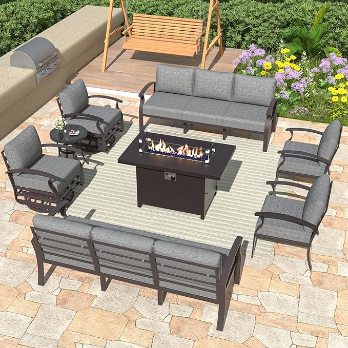 ALAULM Aluminum Patio Furniture Set with Propane Fire Pit Table - 10-seat Metal Outdoor Furniture w/Fire Pit Patio Sectional w/5.1" Cushions for Backyard, Poolside - Grey