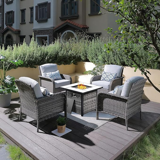 ovios 5-Piece Patio Furniture Set, Outdoor Wicker Sofa with Chairs Fire Pit Table, High Back Rattan Chair with Comfy Cushions for Porch Yard Deck, Grey