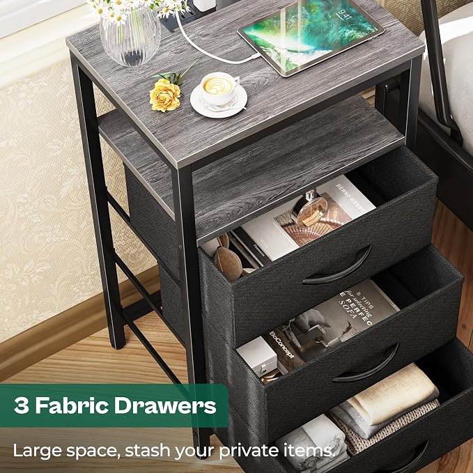 Huuger Nightstand with Charging Station, 27.6 Inch End Table Bedside Table with USB Ports and Outlets, Fabric Drawers, Night Stand for Bedroom, Charcoal Gray - Image 6