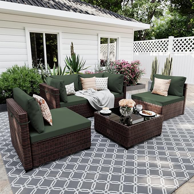 UPHA 5 Pieces Patio Furniture Sets, Wicker Outdoor Sectional Sofa Couch with Coffee Table, Patio Conversation Set for Deck Backyard Garden, Brown Rattan, Pine Green Cushion