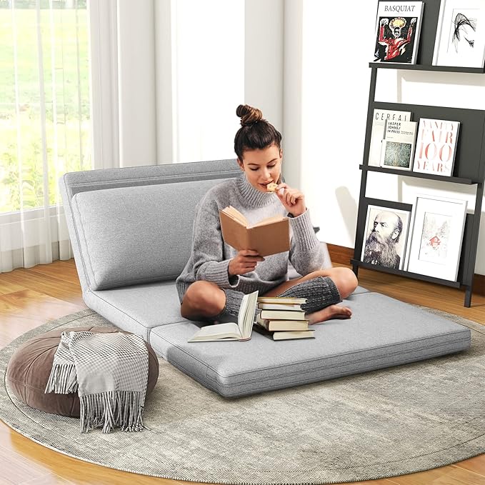 LIFERECORD Convertible Futon Sofa Bed 4 in 1 Multi-Function Modern Mini Single Floor Sleeper Chair with Adjustable Backrest for Living, Small Room Apartment, Dorm, Grey