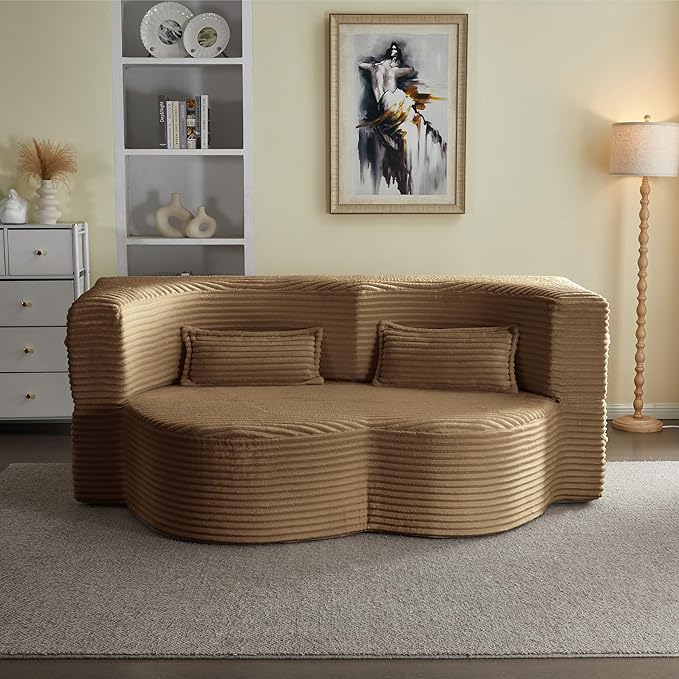 Ball & Cast 78" Convertible Sleeper Sofa Bed with Pillows, Corduroy Folding Mattress Couch Bed, Floor Futon Sofa Comfy Compressed Cloud Couch for Living Room,Camel