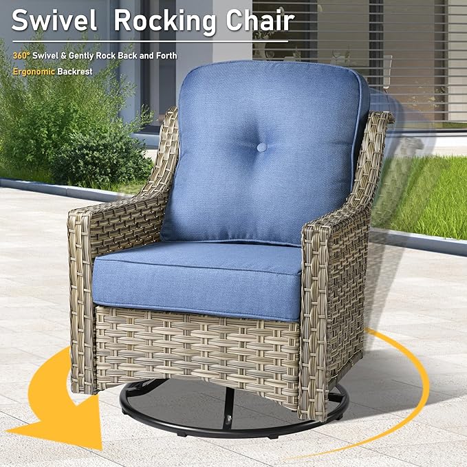 HOOOWOOO 9 Piece Patio Furniture Conversation Sets with Swivel Rocking Chairs,Outdoor Wicker Furniture with Ottoman,All Weather Resistant High Back Rattan Conversational Set(Diamond Blue)
