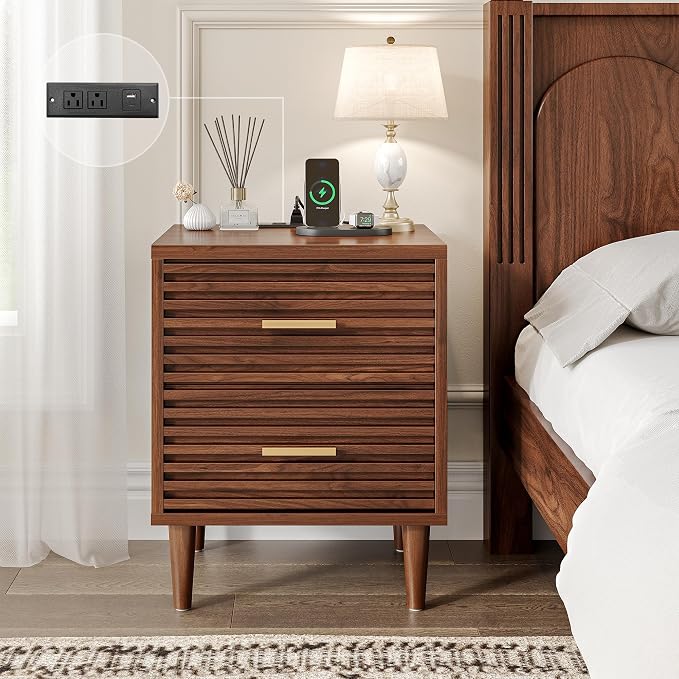 Whalefall Night Stands with Charging Station, Mid Century Modern Nightstand, Fluted Bedside Table with Drawer, End Table Bed Side Tables for Bedroom, Accent Tables with Wood Legs, Brown 1pc by Whalefall