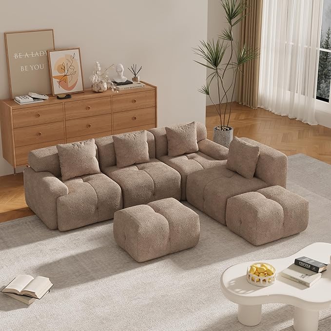 135" U-Shaped Compressed Sectional Cloud Sofa, Flannel Upholstered Modular Tufted Sofa with 6 Pieces, Symmetrical Boneless Foam Modular Cloud Couches for Living Room